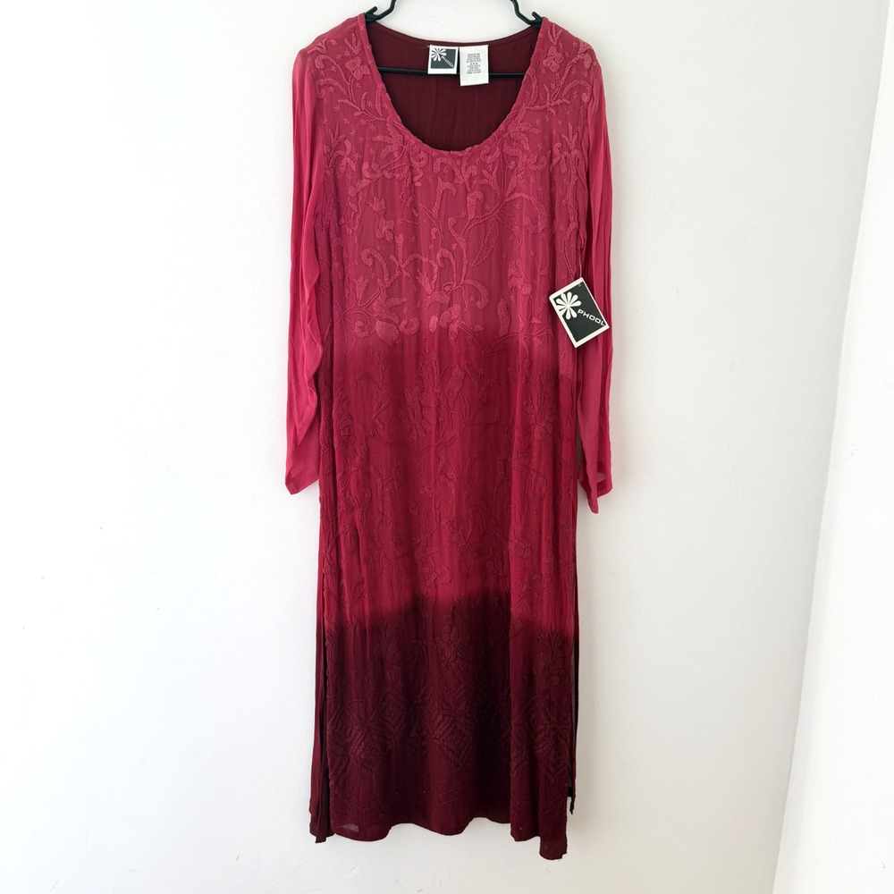 Boho Maxi Dress‎ Red Ombre Embroidered S Long Sleeve Cottagecore Festival NWT